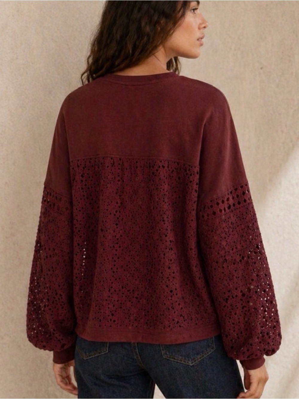 Anthropologie Plum Eyelet Yoke V‑Neck Boho Sweatshirt Size Small